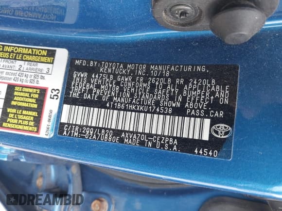 ✅ 2019 Toyota Camry XSE • VIN: 4T1B61HKXKU174538 • Lot: 43488793. Listed on IAAI with 130,336 mi. Free auction sales archive from the USA and detailed vehicle history report at DreamBid. Image 9.