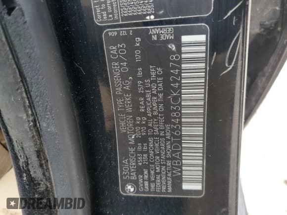 ✅ 2003 BMW 5 Series 530i • VIN: WBADT63483CK42478 • Lot: 85954345. Wystawiony na Copart z przebiegiem Nie podano. Bezpłatny archiwum sprzedaży aukcyjnych z USA i szczegółowy raport historii pojazdu na DreamBid. Zdjęcie 12.