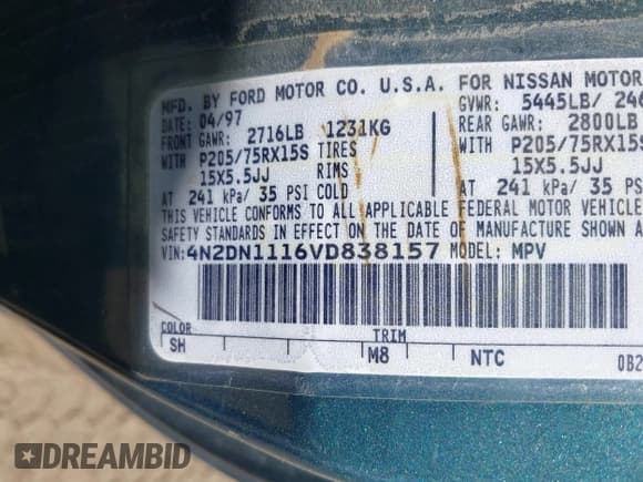 ✅ 1997 Nissan Quest XE • VIN: 4N2DN1116VD838157 • Lot: 42533577. Wystawiony na IAAI z przebiegiem 256 134 mil. Bezpłatny archiwum sprzedaży aukcyjnych z USA i szczegółowy raport historii pojazdu na DreamBid. Zdjęcie 9.