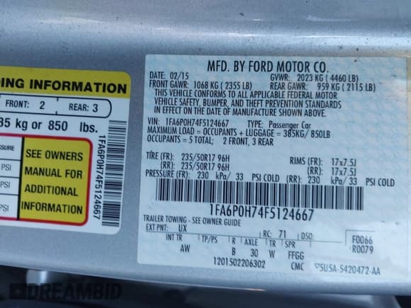 ✅ 2015 Ford Fusion SE • VIN: 1FA6P0H74F5124667 • Lot: 43537190. Listed on IAAI with 105,860 mi. Free auction sales archive from the USA and detailed vehicle history report at DreamBid. Image 9.