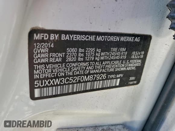 ✅ 2015 BMW X4 xDrive28i • VIN: 5UXXW3C52F0M87926 • Lot: 94218295. Listed on Copart with 94,567 mi. Free auction sales archive from the USA and detailed vehicle history report at DreamBid. Image 13.