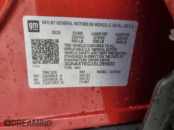 ✅ 2025 Chevrolet Equinox AWD RS • VIN: 3GNAXTEG1SL295923 • Лот: 55177015. Опубликован ранее на Copart с пробегом Не указан. Бесплатный доступ к архиву аукционных продаж из США и подробный отчёт об истории автомобиля на DreamBid. Изображение 12.