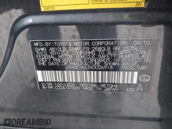 ✅ 2010 Lexus GS 350 • VIN: JTHCE1KS3A0026918 • Lot: 42185046. Wystawiony na IAAI z przebiegiem 200 592 mil. Bezpłatny archiwum sprzedaży aukcyjnych z USA i szczegółowy raport historii pojazdu na DreamBid. Zdjęcie 9.