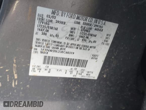 ✅ 2003 Ford F-250 XL • VIN: 1FTNW20L23EC60319 • Lot: 41523726. Wystawiony na IAAI z przebiegiem Nie podano. Bezpłatny archiwum sprzedaży aukcyjnych z USA i szczegółowy raport historii pojazdu na DreamBid. Zdjęcie 9.