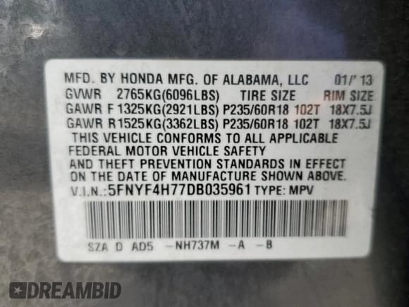 ✅ 2013 Honda Pilot EX-L • VIN: 5FNYF4H77DB035961 • Lot: 57903095. Listed on Copart with 193,387 mi. Free auction sales archive from the USA and detailed vehicle history report at DreamBid. Image 13.