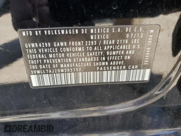 ✅ 2013 Volkswagen Jetta TDI w/Premium • VIN: 3VWLL7AJ2DM203752 • Lot: 52490645. Listed on Copart with 189,888 mi. Free auction sales archive from the USA and detailed vehicle history report at DreamBid. Image 12.