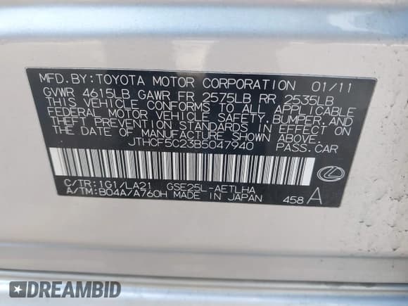 ✅ 2011 Lexus IS 250 • VIN: JTHCF5C23B5047940 • Lot: 43103046. Listed on IAAI with 151,481 mi. Free auction sales archive from the USA and detailed vehicle history report at DreamBid. Image 9.