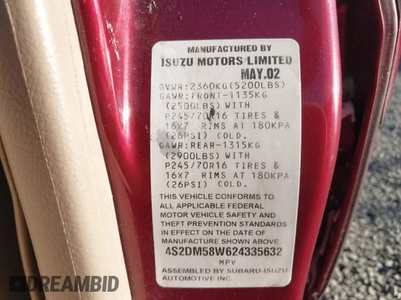 ✅ 2002 Isuzu Rodeo • VIN: 4S2DM58W624335632 • Лот: 41690735. Опубликован ранее на IAAI с пробегом 186 480 миль. Бесплатный доступ к архиву аукционных продаж из США и подробный отчёт об истории автомобиля на DreamBid. Изображение 9.