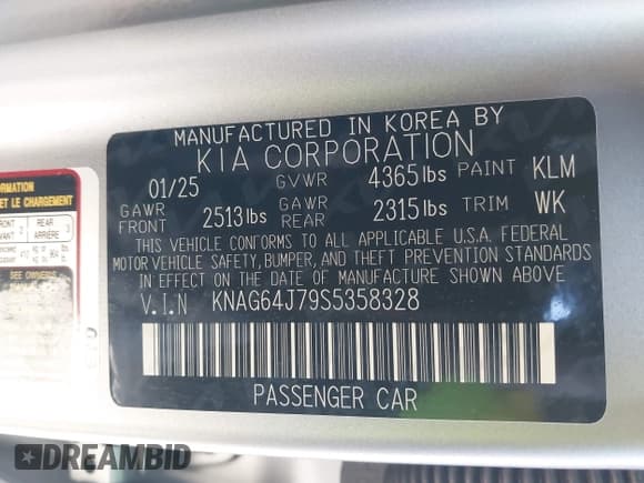 ✅ 2025 Kia K5 GT-Line • VIN: KNAG64J79S5358328 • Lot: 43465065. Wystawiony na IAAI z przebiegiem 1 183 mil. Bezpłatny archiwum sprzedaży aukcyjnych z USA i szczegółowy raport historii pojazdu na DreamBid. Zdjęcie 9.