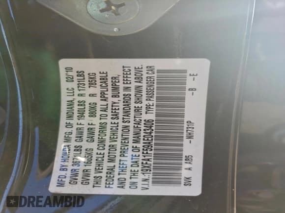 ✅ 2010 Honda Civic LX • VIN: 19XFA1F59AE043406 • Lot: 94360805. Listed on Copart with 181,332 mi. Free auction sales archive from the USA and detailed vehicle history report at DreamBid. Image 12.