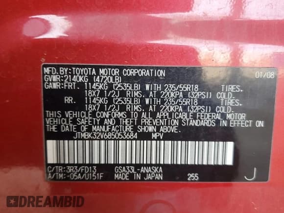 ✅ 2008 Toyota RAV4 Sport • VIN: JTMBK32V685053684 • Лот: 91057455. Опубликован ранее на Copart с пробегом 164 755 миль. Бесплатный доступ к архиву аукционных продаж из США и подробный отчёт об истории автомобиля на DreamBid. Изображение 12.