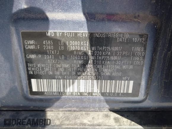 ✅ 2013 Subaru Outback Limited • VIN: 4S4BRBKC4D3251251 • Lot: 43854401. Listed on IAAI with 126,013 mi. Free auction sales archive from the USA and detailed vehicle history report at DreamBid. Image 9.