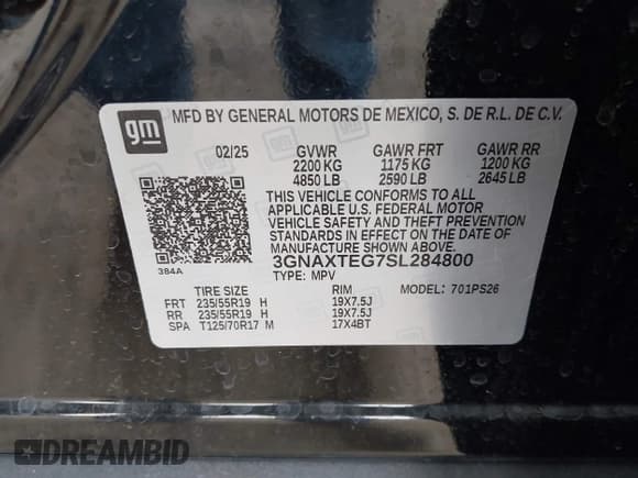 ✅ 2025 Chevrolet Equinox AWD RS • VIN: 3GNAXTEG7SL284800 • Lot: 43298570. Listed on IAAI with 3,293 mi. Free auction sales archive from the USA and detailed vehicle history report at DreamBid. Image 9.