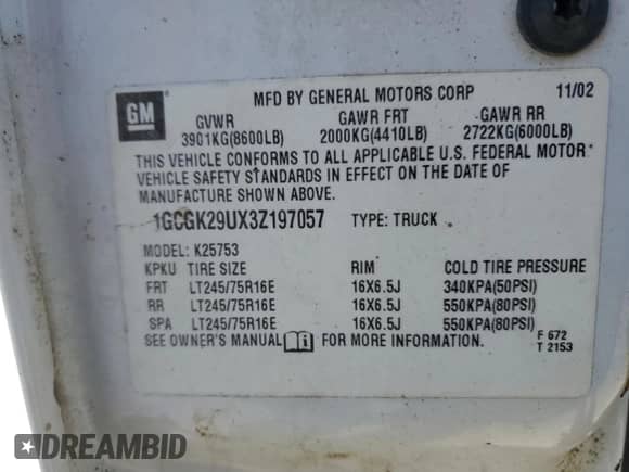 2003 Chevrolet Silverado 2500 LT с VIN 1GCGK29UX3Z197057, выставлен на аукционе Copart как лот 47125995 с пробегом 139 990 миль миль и Списание • Salvage title. История ставок и продаж доступна на DreamBid. Изображение 12.