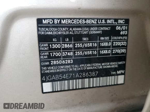 ✅ 2001 Mercedes-Benz M 320/430/500 • VIN: 4JGAB54E71A286387 • Лот: 89500875. Опубликован ранее на Copart с пробегом 197 637 миль. Бесплатный доступ к архиву аукционных продаж из США и подробный отчёт об истории автомобиля на DreamBid. Изображение 13.