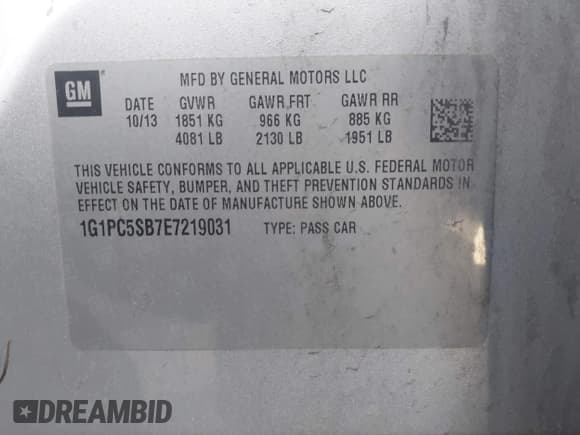 ✅ 2014 Chevrolet Cruze 1LT • VIN: 1G1PC5SB7E7219031 • Lot: 43581337. Listed on IAAI with 150,660 mi. Free auction sales archive from the USA and detailed vehicle history report at DreamBid. Image 9.