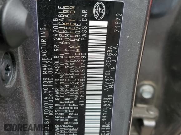 ✅ 2020 Toyota Camry Hybrid XLE • VIN: 4T1F31AK8LU537490 • Лот: 91484975. Опубликован ранее на Copart с пробегом 41 789 миль. Бесплатный доступ к архиву аукционных продаж из США и подробный отчёт об истории автомобиля на DreamBid. Изображение 12.