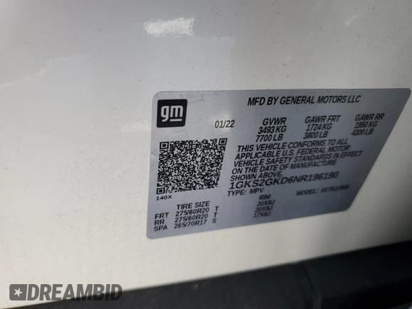 ✅ 2022 GMC Yukon XL SLT • VIN: 1GKS2GKD6NR196190 • Lot: 63041394. Listed on Copart with 59,885 mi. Free auction sales archive from the USA and detailed vehicle history report at DreamBid. Image 14.