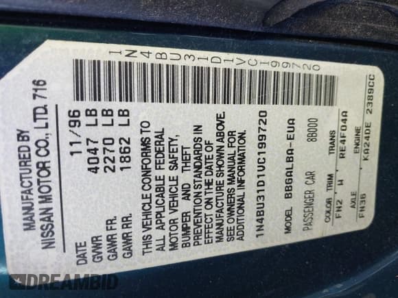 ✅ 1997 Nissan Altima XE • VIN: 1N4BU31D1VC199720 • Lot: 42061192. Listed on IAAI with 312,370 mi. Free auction sales archive from the USA and detailed vehicle history report at DreamBid. Image 9.