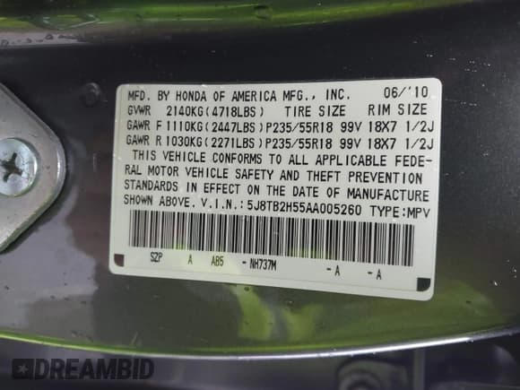 ✅ 2010 Acura RDX Technology • VIN: 5J8TB2H55AA005260 • Lot: 43711313. Listed on IAAI with 131,292 mi. Free auction sales archive from the USA and detailed vehicle history report at DreamBid. Image 9.