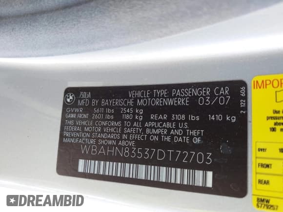 ✅ 2007 BMW 7 Series 750Li • VIN: WBAHN83537DT72703 • Lot: 43910667. Wystawiony na IAAI z przebiegiem 100 680 mil. Bezpłatny archiwum sprzedaży aukcyjnych z USA i szczegółowy raport historii pojazdu na DreamBid. Zdjęcie 9.