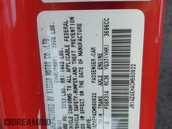 ✅ 2012 Nissan 370Z • VIN: JN1AZ4EH4CM560622 • Lot: 93704795. Listed on Copart with 43,540 mi. Free auction sales archive from the USA and detailed vehicle history report at DreamBid. Image 13.