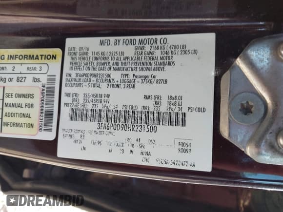 ✅ 2017 Ford Fusion Titanium • VIN: 3FA6P0D90HR231500 • Lot: 42220802. Listed on IAAI with 104,041 mi. Free auction sales archive from the USA and detailed vehicle history report at DreamBid. Image 9.