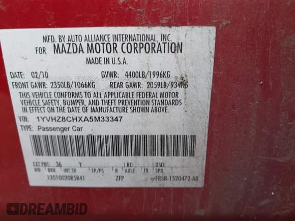 ✅ 2010 Mazda 6 i Touring • VIN: 1YVHZ8CHXA5M33347 • Lot: 43765481. Listed on IAAI with 227,189 mi. Free auction sales archive from the USA and detailed vehicle history report at DreamBid. Image 9.