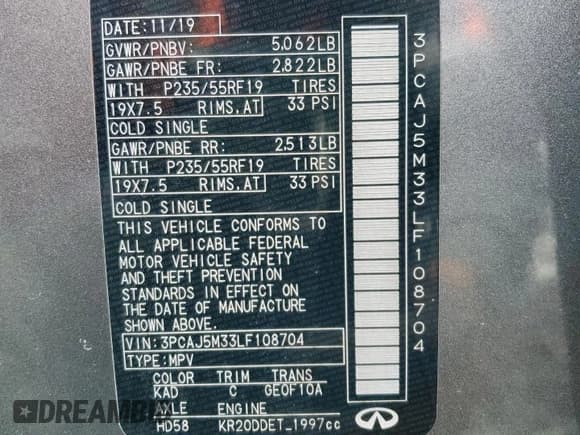 ✅ 2020 Infiniti QX50 Essential • VIN: 3PCAJ5M33LF108704 • Lot: 49284725. Wystawiony na Copart z przebiegiem 45 691 mil. Bezpłatny archiwum sprzedaży aukcyjnych z USA i szczegółowy raport historii pojazdu na DreamBid. Zdjęcie 13.