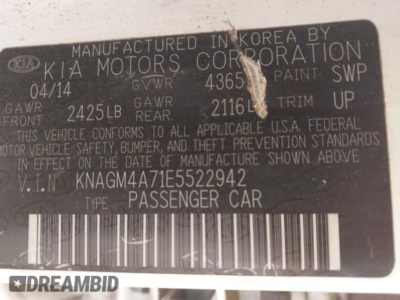 ✅ 2014 Kia Optima LX • VIN: KNAGM4A71E5522942 • Lot: 43708941. Listed on IAAI with 165,799 mi. Free auction sales archive from the USA and detailed vehicle history report at DreamBid. Image 9.