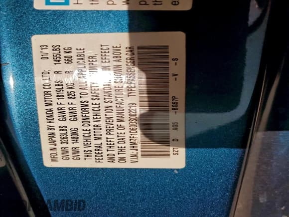 ✅ 2013 Honda CR-Z EX • VIN: JHMZF1D60DS002219 • Lot: 95681475. Listed on Copart with 122,673 mi. Free auction sales archive from the USA and detailed vehicle history report at DreamBid. Image 12.