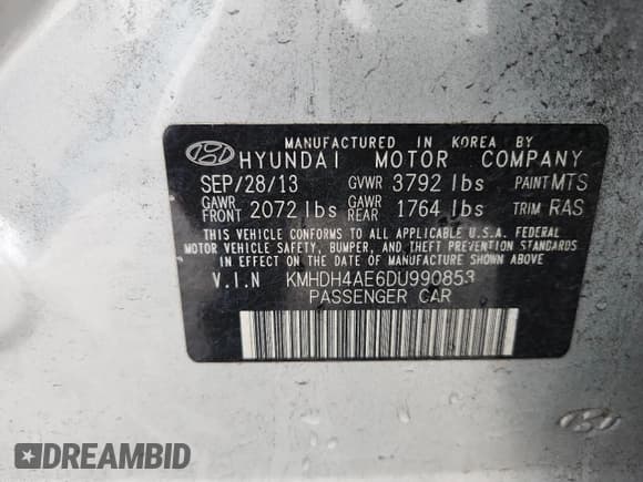 ✅ 2013 Hyundai Elantra GLS • VIN: KMHDH4AE6DU990853 • Lot: 84446465. Listed on Copart with 129,632 mi. Free auction sales archive from the USA and detailed vehicle history report at DreamBid. Image 12.