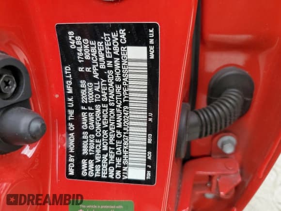 ✅ 2018 Honda Civic Type R Touring • VIN: SHHFK8G71JU202479 • Лот: 68473094. Опубликован ранее на Copart с пробегом 57 730 миль. Бесплатный доступ к архиву аукционных продаж из США и подробный отчёт об истории автомобиля на DreamBid. Изображение 15.