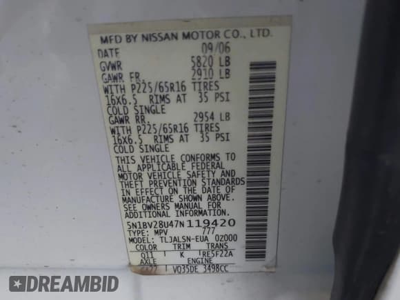 ✅ 2007 Nissan Quest • VIN: 5N1BV28U47N119420 • Lot: 43130870. Wystawiony na IAAI z przebiegiem 125 625 mil. Bezpłatny archiwum sprzedaży aukcyjnych z USA i szczegółowy raport historii pojazdu na DreamBid. Zdjęcie 9.