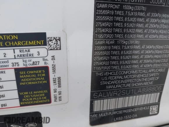 ✅ 2020 Land Rover Range Rover Sport HSE • VIN: SALWR2SU1LA898806 • Lot: 41904880. Listed on IAAI with 88,393 mi. Free auction sales archive from the USA and detailed vehicle history report at DreamBid. Image 9.