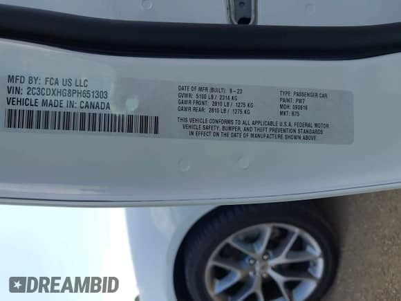 2023 Dodge Charger GT with VIN 2C3CDXHG8PH651303, listed as a IAAI auction lot 43044591 with 16,018 mi miles and . Bid and sale history available at DreamBid. Image 9.