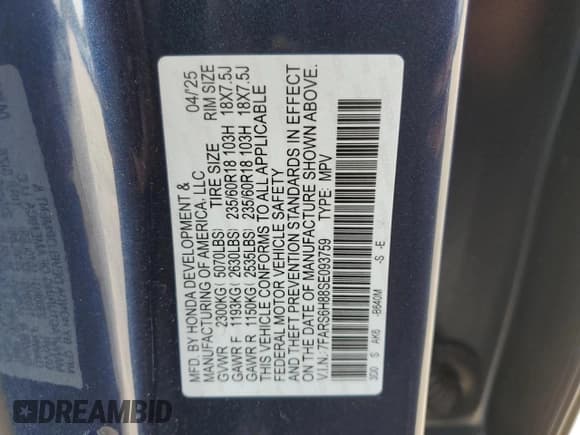 ✅ 2025 Honda CR-V Sport-L • VIN: 7FARS6H88SE093759 • Лот: 85322325. Опубликован ранее на Copart с пробегом 7 485 миль. Бесплатный доступ к архиву аукционных продаж из США и подробный отчёт об истории автомобиля на DreamBid. Изображение 14.