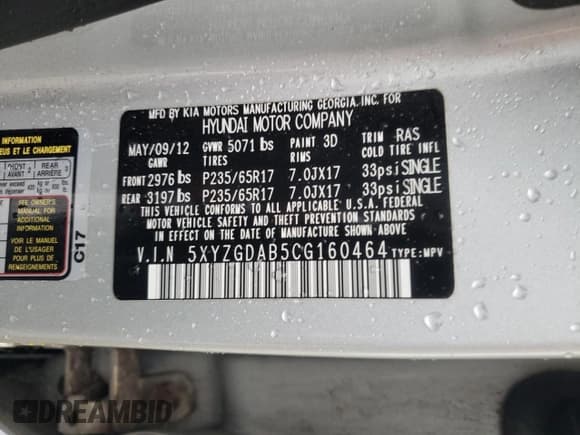 ✅ 2012 Hyundai Santa Fe GLS • VIN: 5XYZGDAB5CG160464 • Lot: 76205014. Listed on Copart with Not provided. Free auction sales archive from the USA and detailed vehicle history report at DreamBid. Image 13.