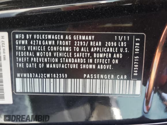 ✅ 2012 Volkswagen Golf • VIN: WVWBB7AJ2CW162359 • Lot: 52176175. Listed on Copart with 90,349 mi. Free auction sales archive from the USA and detailed vehicle history report at DreamBid. Image 12.