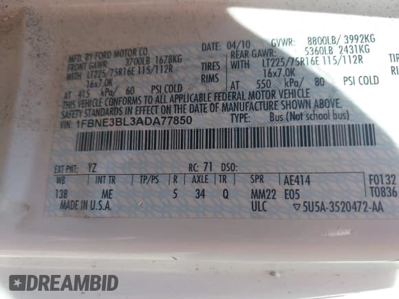 ✅ 2010 Ford Econoline Passenger XL • VIN: 1FBNE3BL3ADA77850 • Лот: 42320096. Опубликован ранее на IAAI с пробегом 224 841 миль. Бесплатный доступ к архиву аукционных продаж из США и подробный отчёт об истории автомобиля на DreamBid. Изображение 9.