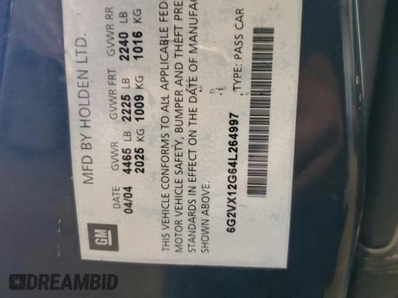 ✅ 2004 Pontiac GTO • VIN: 6G2VX12G64L264997 • Lot: 70381515. Listed on Copart with 47,551 mi. Free auction sales archive from the USA and detailed vehicle history report at DreamBid. Image 13.