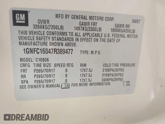 ✅ 2007 Chevrolet Suburban LTZ • VIN: 1GNFC16047R389477 • Lot: 42236857. Listed on IAAI with 212,863 mi. Free auction sales archive from the USA and detailed vehicle history report at DreamBid. Image 9.