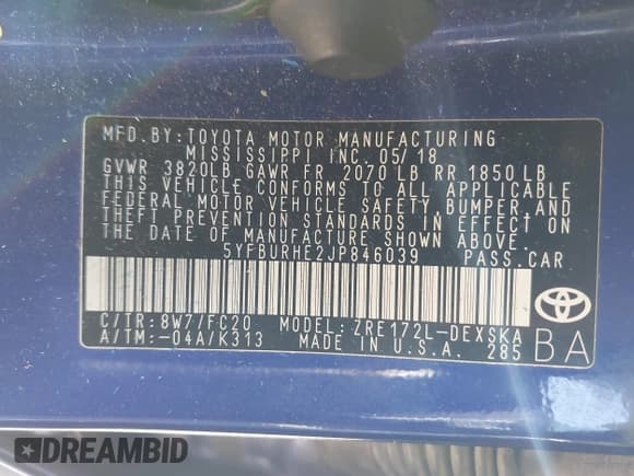 ✅ 2018 Toyota Corolla SE • VIN: 5YFBURHE2JP846039 • Lot: 43451925. Listed on IAAI with 83,474 mi. Free auction sales archive from the USA and detailed vehicle history report at DreamBid. Image 9.