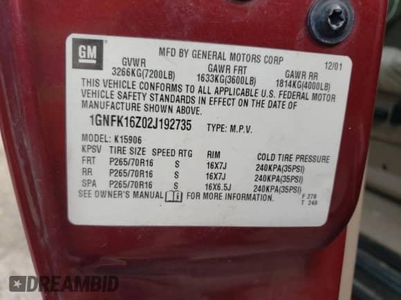 2002 Chevrolet Suburban LT с VIN 1GNFK16Z02J192735, выставлен на аукционе Copart как лот 66890845 с пробегом Не указан миль и Списание • Salvage title. История ставок и продаж доступна на DreamBid. Изображение 13.