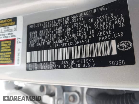 2012 Toyota Camry SE Sport Limited Edition with VIN 4T1BF1FKXCU064514, listed as a IAAI auction lot 43252041 with 104,455 mi miles and . Bid and sale history available at DreamBid. Image 9.