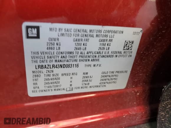 ✅ 2022 Buick Envision Preferred • VIN: LRBAZLR43ND083116 • Лот: 82369425. Опубликован ранее на Copart с пробегом 39 651 миль. Бесплатный доступ к архиву аукционных продаж из США и подробный отчёт об истории автомобиля на DreamBid. Изображение 13.