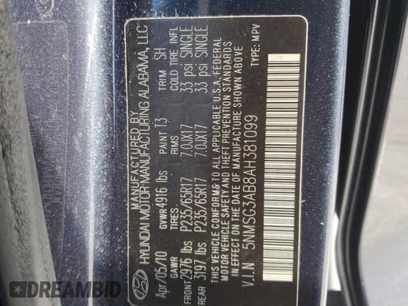 2010 Hyundai Santa Fe GLS z VIN 5NMSG3AB8AH381099, wystawiony jako Copart lot #71998644 z przebiegiem 156 729 mil mil oraz Szkoda całkowita • Salvage title. Historia ofert i sprzedaży dostępna na DreamBid. Obrazek 13.