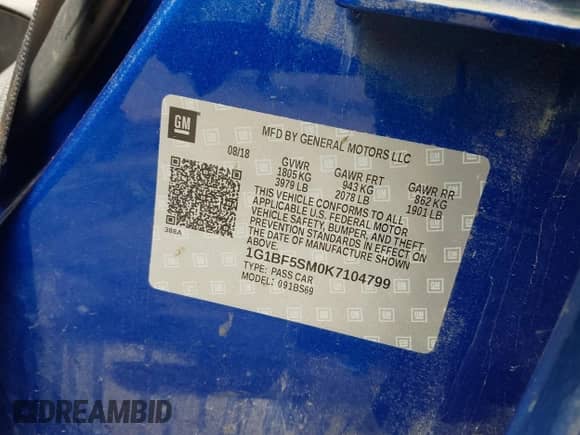 2019 Chevrolet Cruze Premier z VIN 1G1BF5SM0K7104799, wystawiony jako IAAI lot #41955692 z przebiegiem Nie podano mil oraz . Historia ofert i sprzedaży dostępna na DreamBid. Obrazek 9.