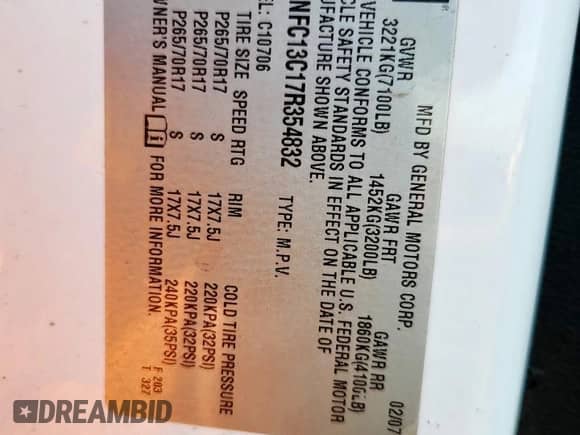 2007 Chevrolet Tahoe LS with VIN 1GNFC13C17R354832, listed as a Copart auction lot 82367185 with 234,396 mi miles and Salvage title. Bid and sale history available at DreamBid. Image 13.