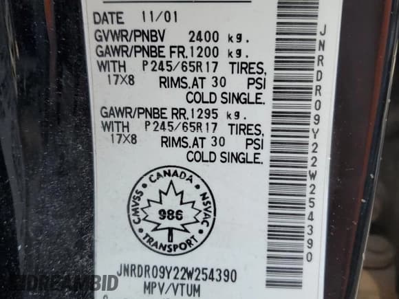 ✅ 2002 Infiniti QX4 Luxury • VIN: JNRDR09Y22W254390 • Lot: 69629695. Listed on Copart with Not provided. Free auction sales archive from the USA and detailed vehicle history report at DreamBid. Image 13.